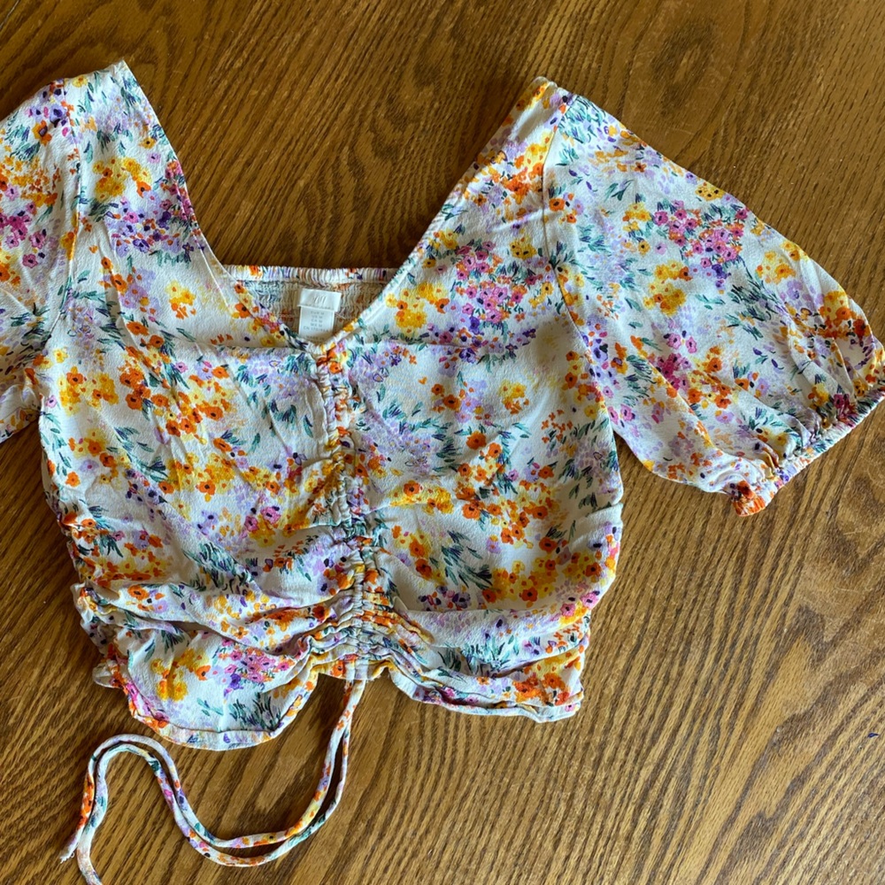 Floral Ruched Crop Top - White with Yellow & Purple Flowers